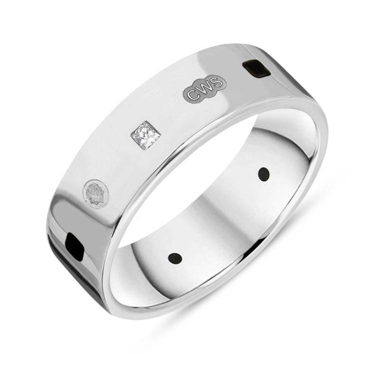 Sterling Silver 0.18ct Diamond Whitby Jet King's Coronation Hallmark Princess Cut 6mm Ring - T