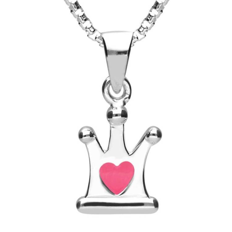 Sterling Silver NSPCC Enamel Pink Heart Crown Necklace D - Silver