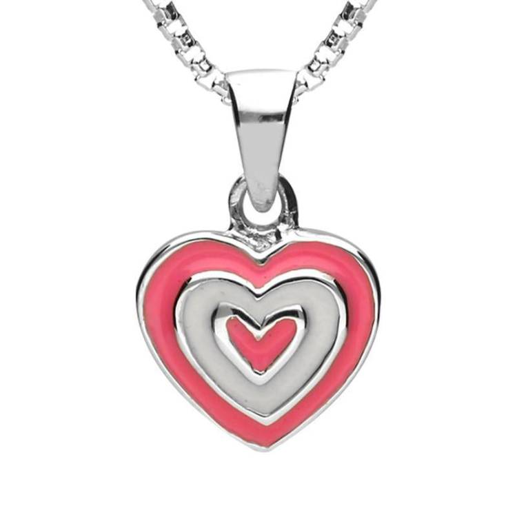 Sterling Silver NSPCC Enamel Pink and White Layered Heart Necklace D - Silver