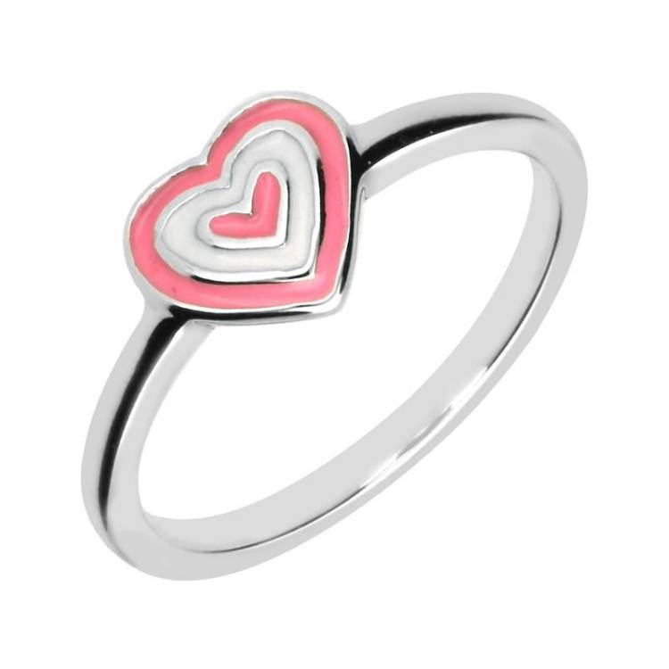 Sterling Silver NSPCC Enamel Pink and White Layered Heart Ring D - Silver