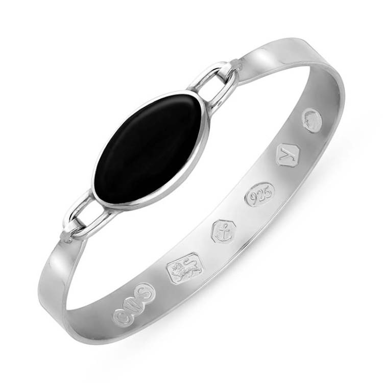 Sterling Silver Whitby Jet King's Coronation Hallmark Wide Oval Bangle D