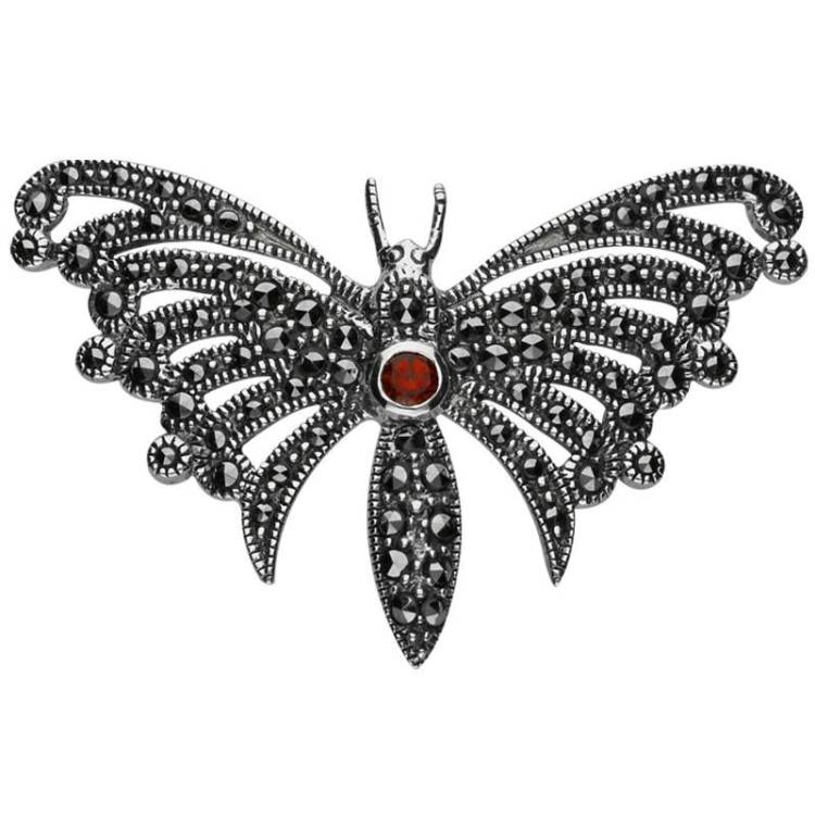Sterling Silver Marcasite Garnet House Style Butterfly Brooch - Silver