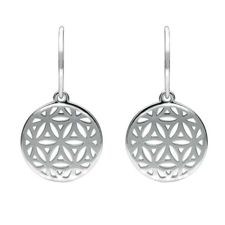 Sterling Silver Round Pierced Disc Hook Drop Earrings - Silver