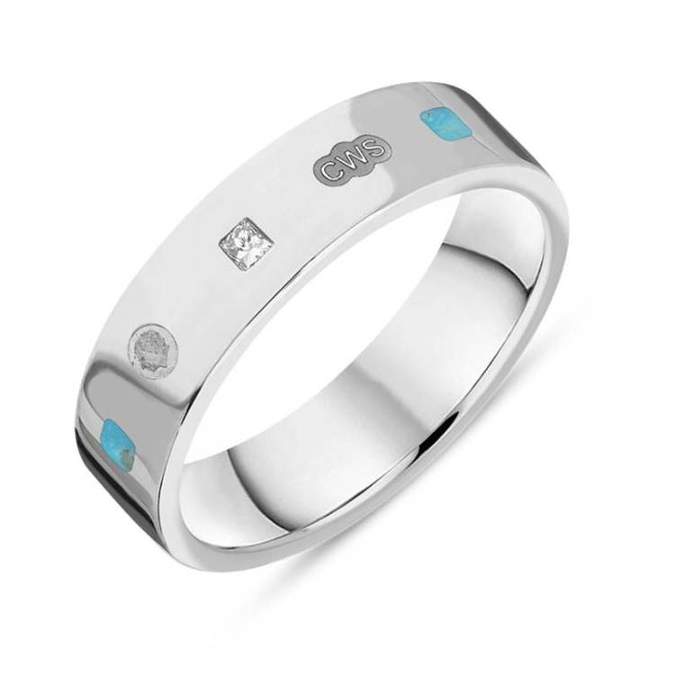 Sterling Silver 0.12ct Diamond Turquoise King's Coronation Hallmark Princess Cut 5mm Ring - W