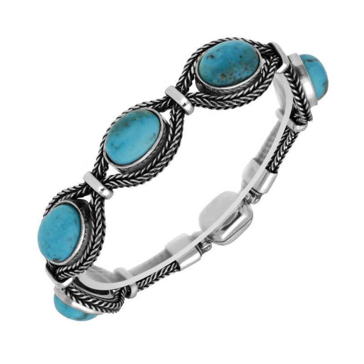 Sterling Silver Turquoise Foxtail Five Stone Oval Bracelet - Silver