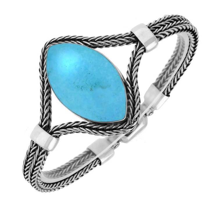 Sterling Silver Turquoise Foxtail Large Portrait Marquise Bracelet - Silver