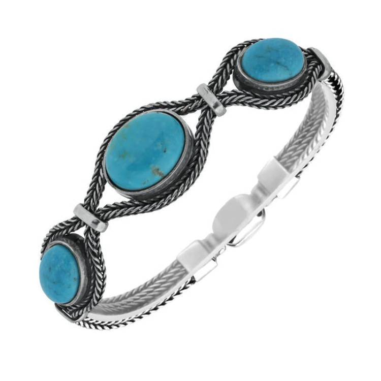 Sterling Silver Turquoise Foxtail Three Stone Oval Bracelet - Silver