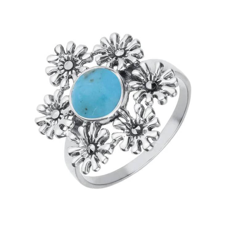 Sterling Silver Turquoise Marcasite 6 Flower Petal Ring - Silver