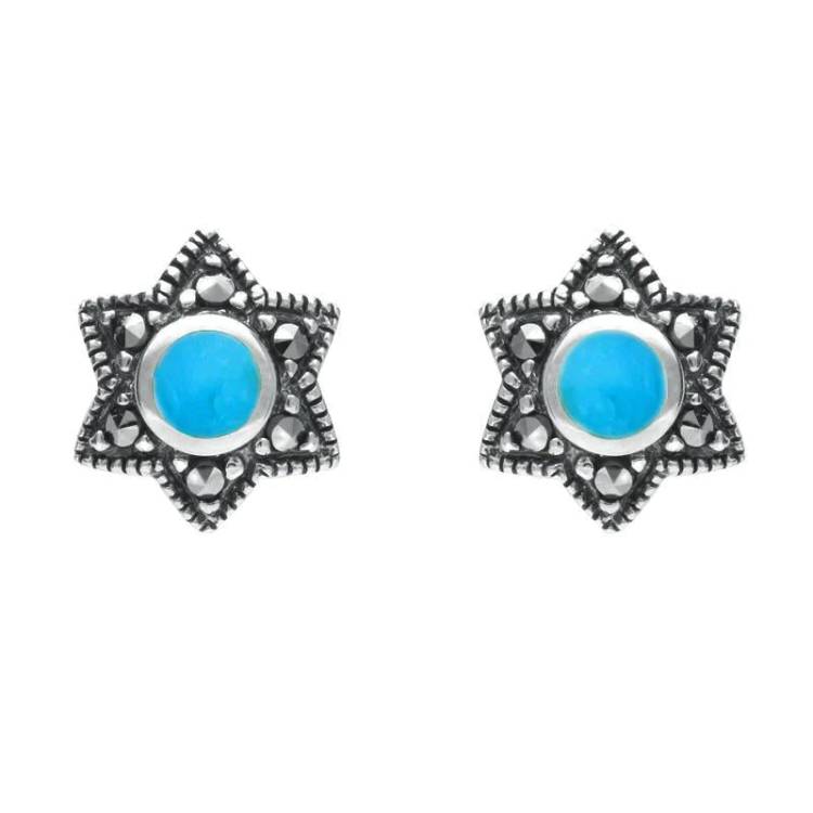 Sterling Silver Turquoise Marcasite Six Point Star Stud Earrings - Silver