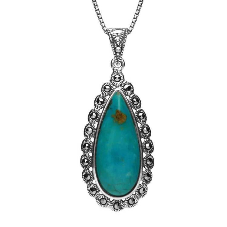 Sterling Silver Turquoise Marcasite Scalloped Edge Pear Necklace - Silver