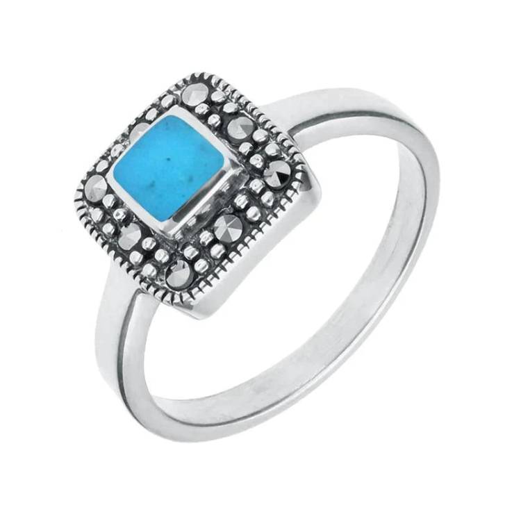 Sterling Silver Turquoise Marcasite Cushion Ring - Silver