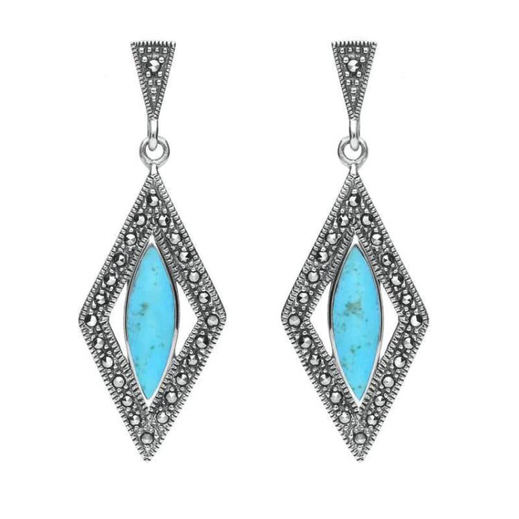 Sterling Silver Turquoise Marcasite Diamond Shaped Earrings - Silver