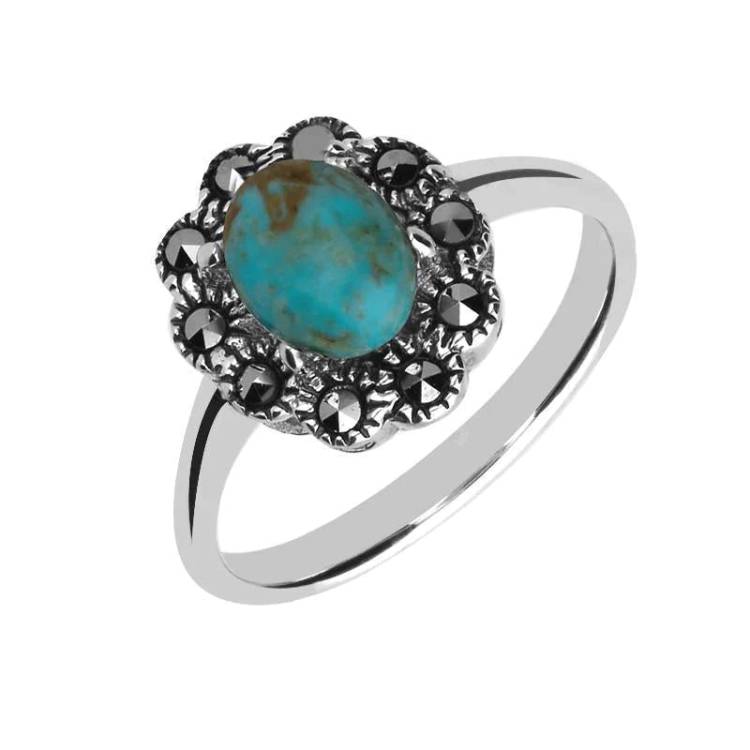 Sterling Silver Turquoise Marcasite Domed Oval Beaded Edge Ring - Silver