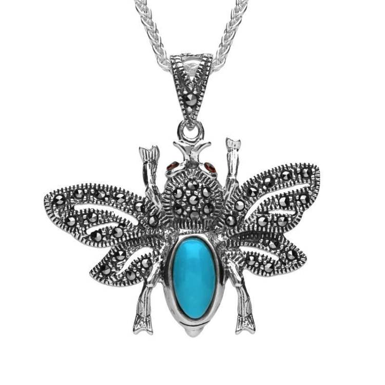 Sterling Silver Turquoise Marcasite Garnet Bee Pendant Necklace - Silver