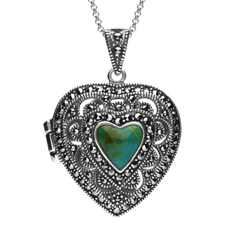 Sterling Silver Turquoise Marcasite Heart Shaped Vintage Style Locket Necklace - Silver