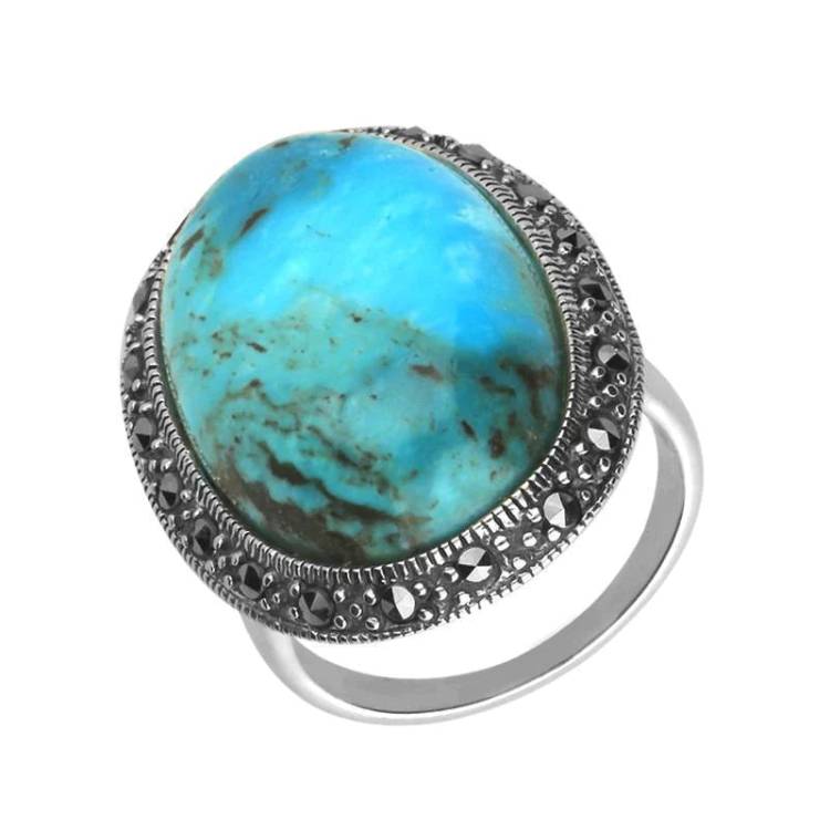 Sterling Silver Turquoise Marcasite Large Oval Ring - Silver