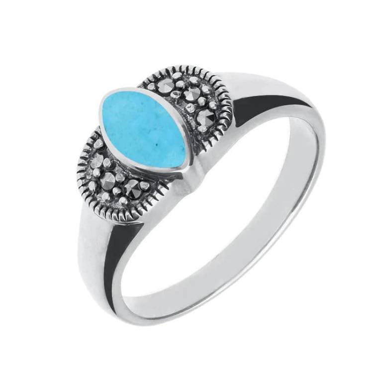 Sterling Silver Turquoise Marcasite Marquise Ring - Option1 Value Silver