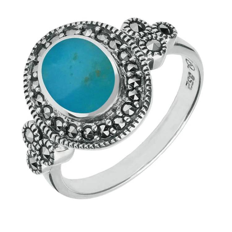 Sterling Silver Turquoise Marcasite Oval Beaded Edge Ring - Silver
