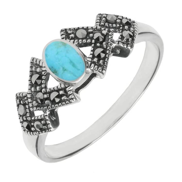 Sterling Silver Turquoise Marcasite Oval Triangle Ring - Option1 Value Silver