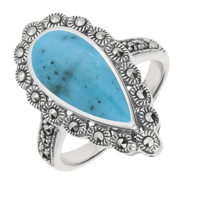 Sterling Silver Turquoise Marcasite Pear Ring - Silver