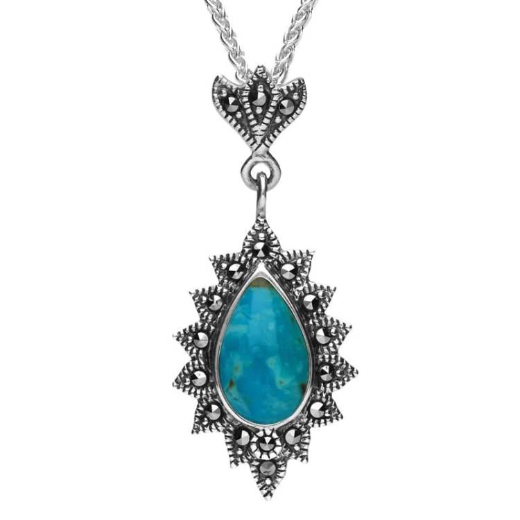Sterling Silver Turquoise Marcasite Beaded Edge Pear Necklace - Silver