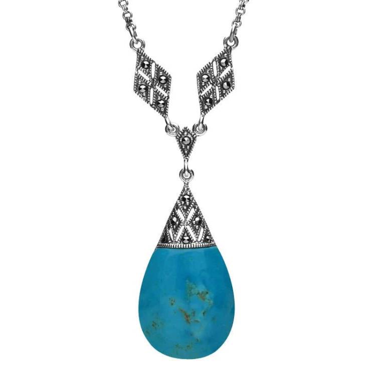 Sterling Silver Turquoise Marcasite Pear Drop Necklace - Silver