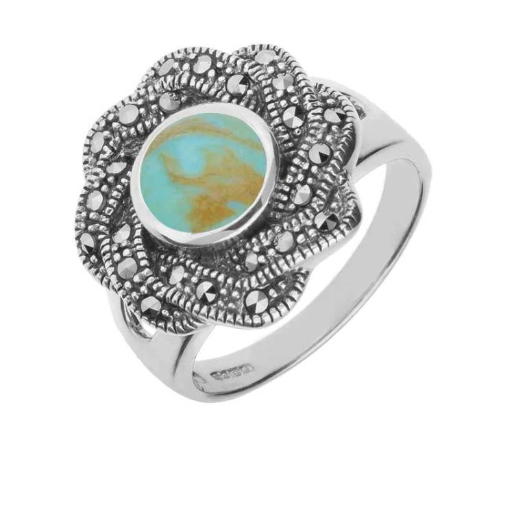 Sterling Silver Turquoise Marcasite Ribbon Edge Ring - Silver
