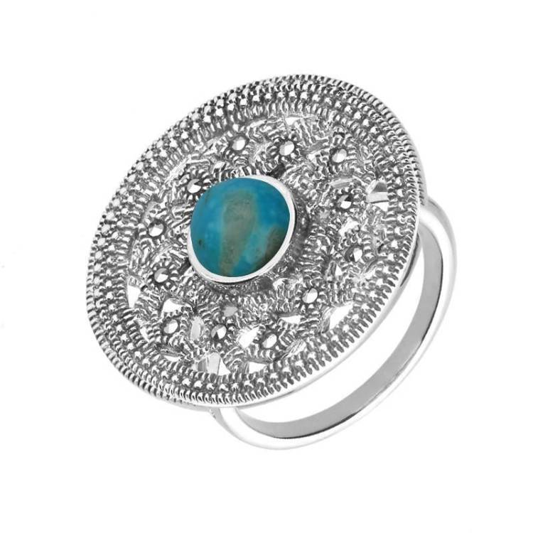 Sterling Silver Turquoise Marcasite Shield Ring - Silver