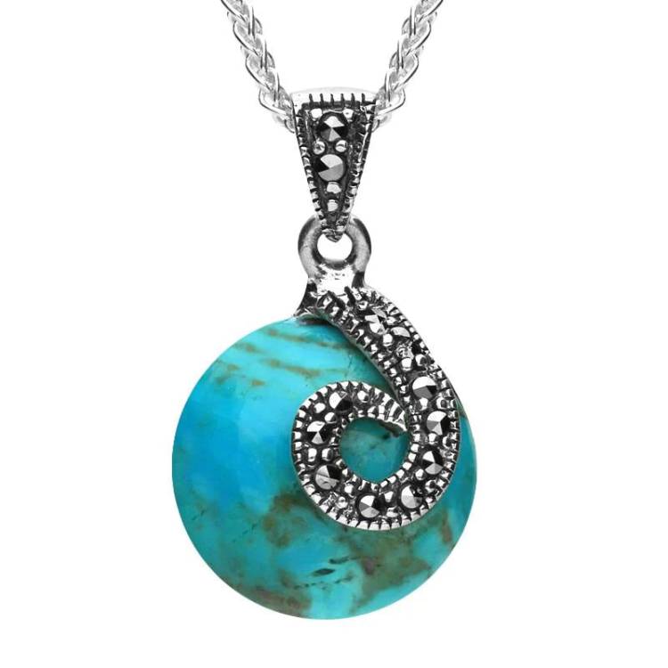Sterling Silver Turquoise Marcasite Spiral Top Round Necklace - Silver