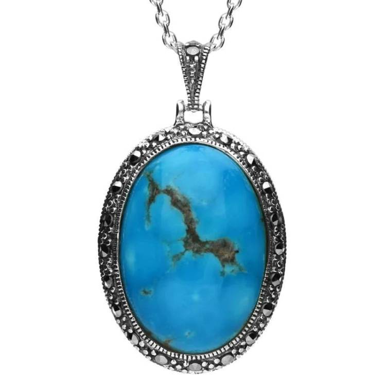 Sterling Silver Turquoise Marcasite Star Back Oval Pendant Necklace - Silver