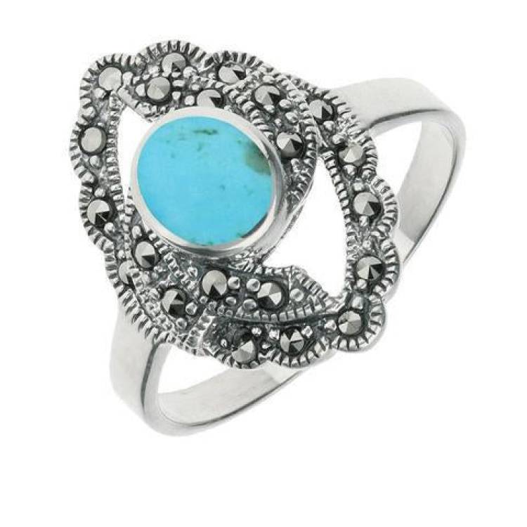 Sterling Silver Turquoise Marcasite Twisted Centre Marquise Ring - Silver