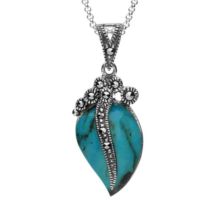 Sterling Silver Turquoise Marcasite Wave Bail Pear Necklace - Silver