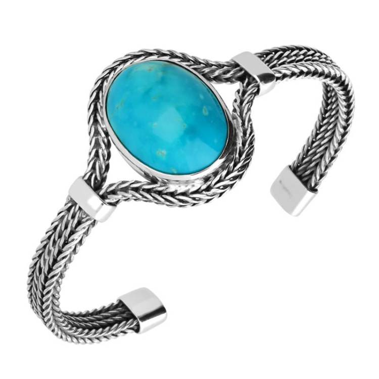 Sterling Silver Turquoise Oval Foxtail Bangle - Silver
