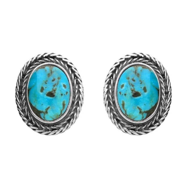 Sterling Silver Turquoise Oval Foxtail Stud Earrings - Silver