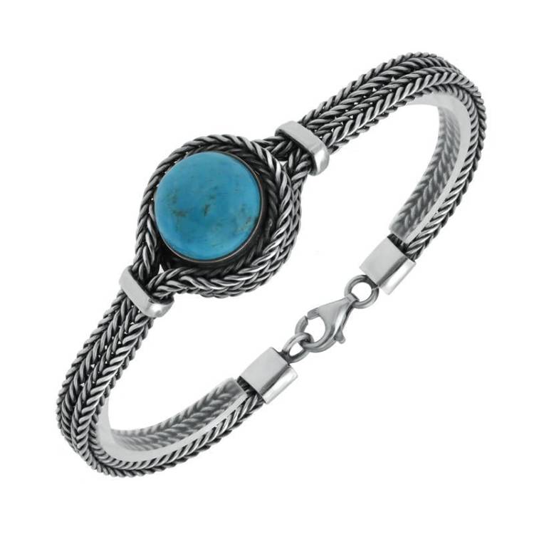 Sterling Silver Turquoise Overlapping Round Foxtail Bracelet - Silver