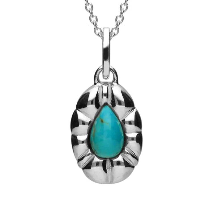 Sterling Silver Turquoise Pear Shaped Beaded Edge Necklace - Silver