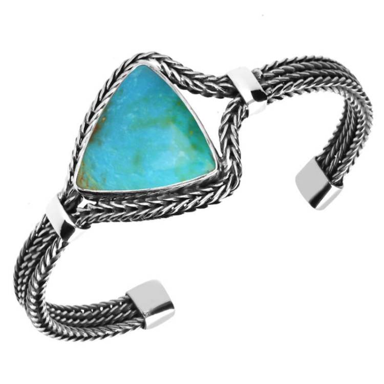 Sterling Silver Turquoise Triangular Foxtail Bangle D - Silver