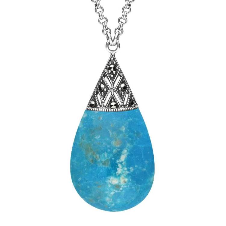 Sterling Silver Turquoise Marcasite Capped Pear Drop Necklace - Silver