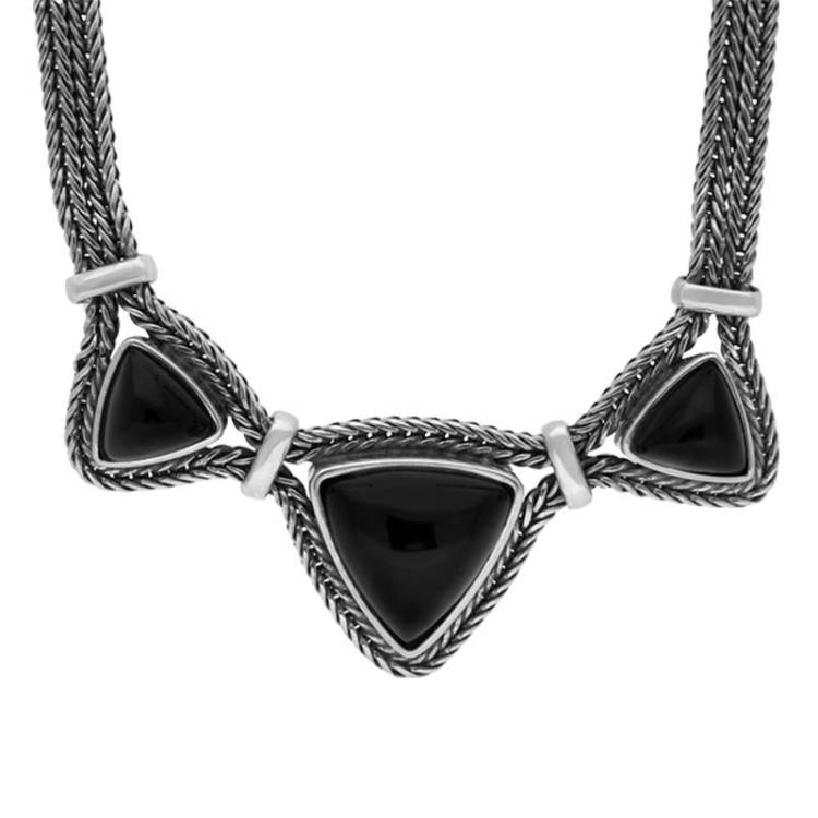 Sterling Silver Whitby Jet Three Stone Triangular Foxtail Necklace D - Option1 Value Silver