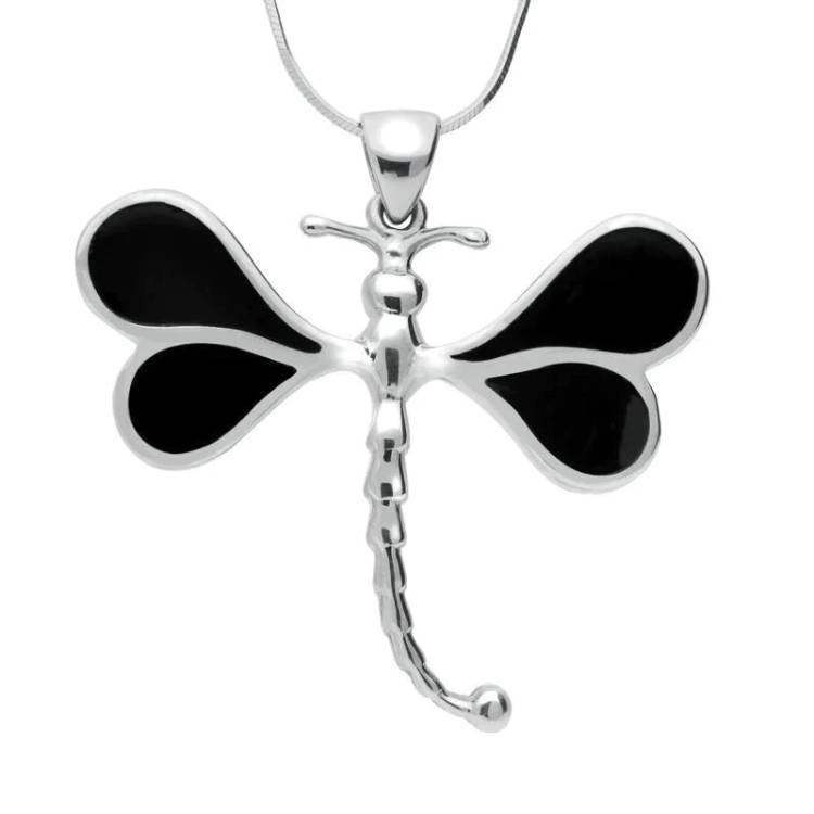 Sterling Silver Whitby Jet Four Stone Dragonfly Necklace