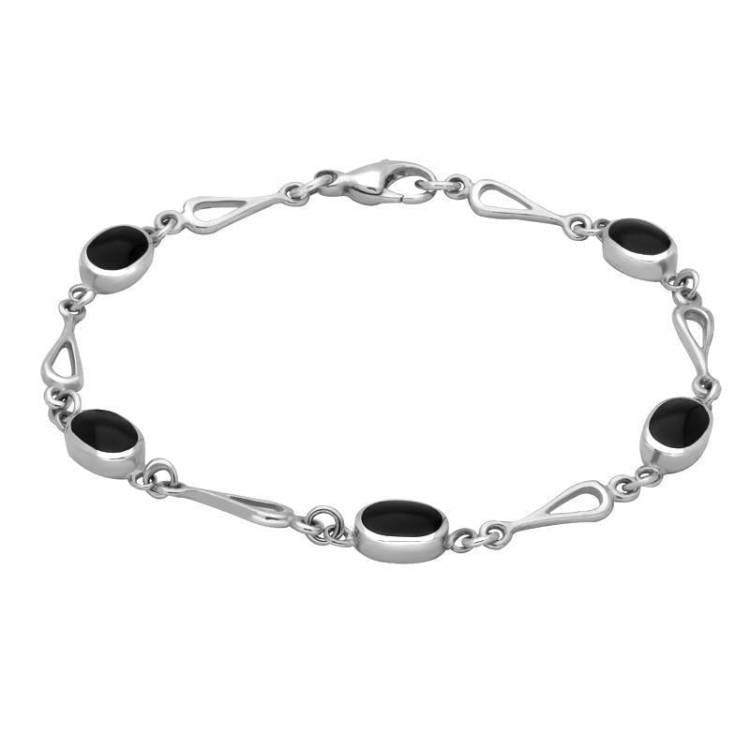Sterling Silver Whitby Jet Oval Spoon Link Bracelet