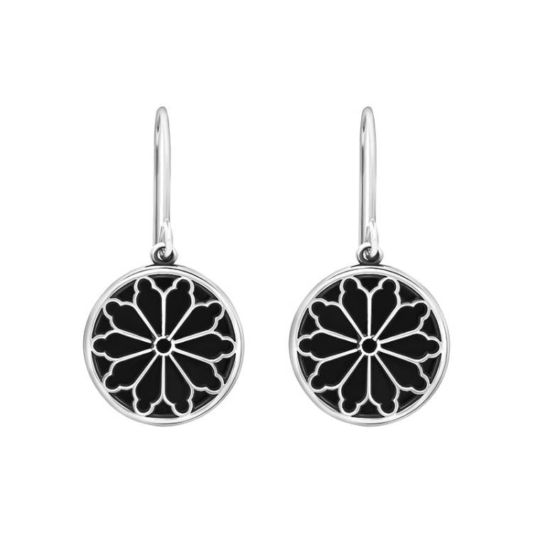 Sterling Silver Whitby Jet Abbey Round Window Drop Earrings - Silver