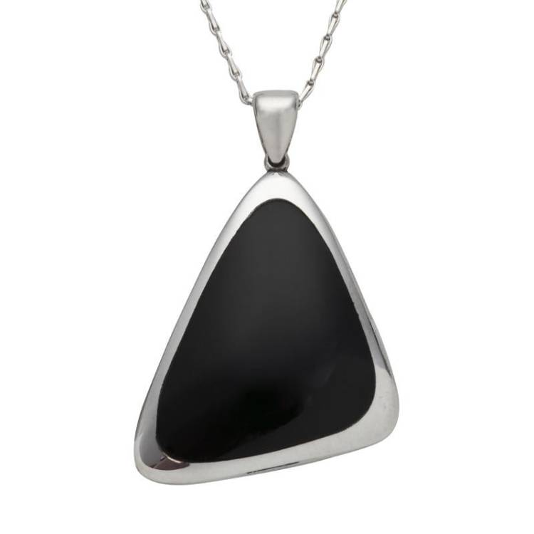 Sterling Silver Whitby Jet Abstract Curved Triangle Shaped Necklace - Silver