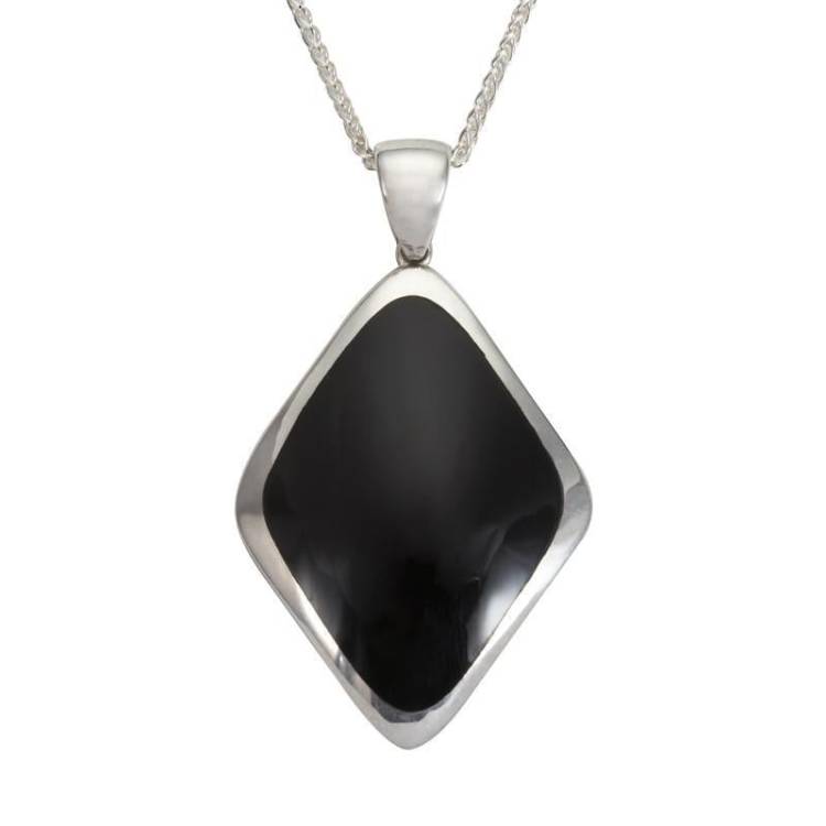 Sterling Silver Whitby Jet Abstract Rhombus Necklace - Silver