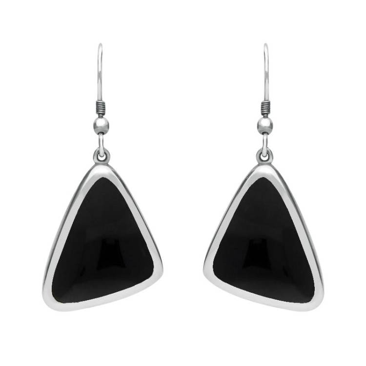Sterling Silver Whitby Jet Abstract Triangle Hook Drop Earrings - Silver