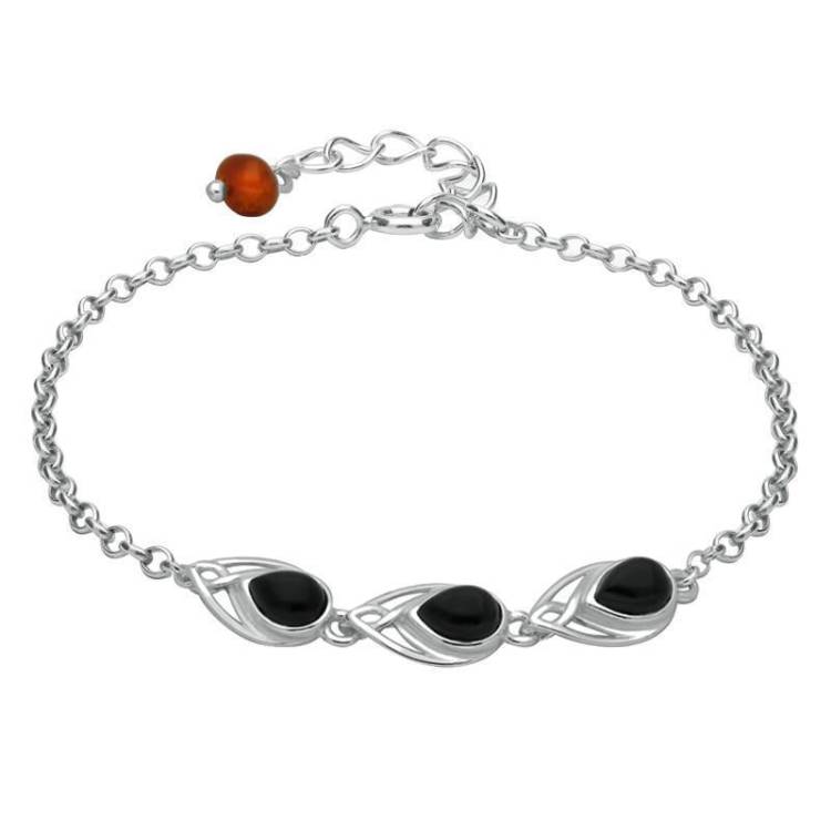 Sterling Silver Whitby Jet Amber Three Stone Pear Bracelet - Silver