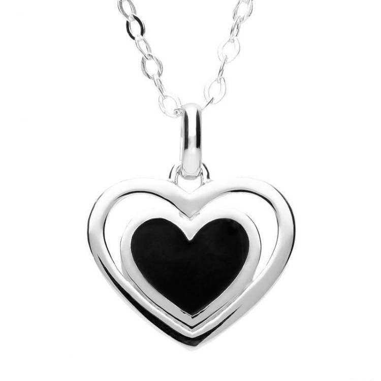 Sterling Silver Whitby Jet Heart In Heart Necklace - Option1 Value Silver