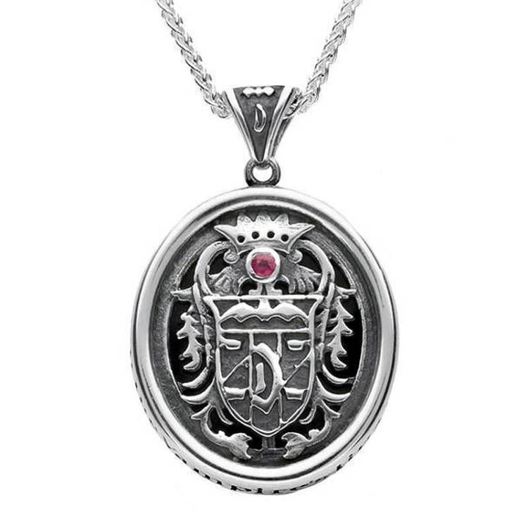 Sterling Silver Whitby Jet Blood Red Ruby Commemorative Dracula Necklace - Silver