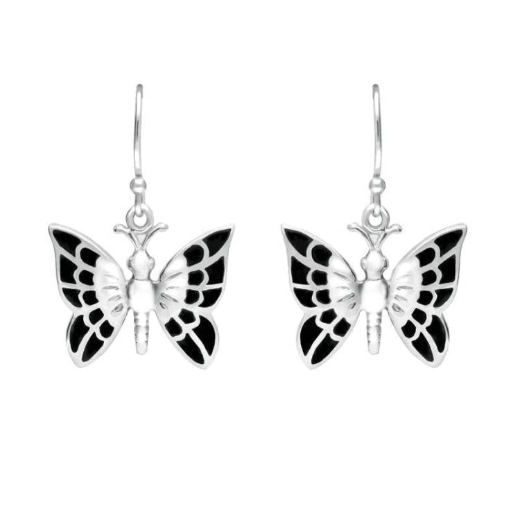 Sterling Silver Whitby Jet Butterfly Drop Earrings - Silver