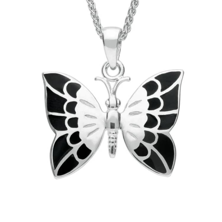 Sterling Silver Whitby Jet Butterfly Necklace - Silver